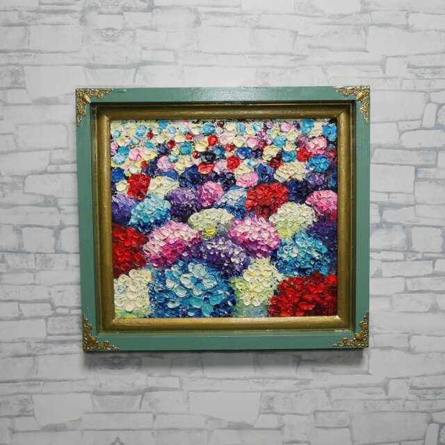 油絵【梅雨を彩る宝石箱】紫陽花 原画 絵画 あじさい アート 額縁付 壁掛け 油彩画原画【梅雨を彩る宝石箱】アジサイの絵 油絵 インテリアアート