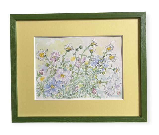 ♡たまみな♡水彩画 春の庭　ムスカリの花とめじろ　値段は※900円です 春の庭(水彩画、春、花、フレーム付き) | iichi 日々の暮らしを