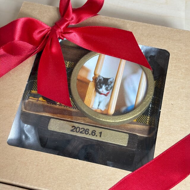 父の日ギフト】写真をセットしてお届け！猫とカメラの木製印鑑スタンド