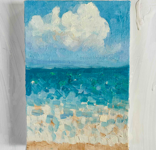 原画 油彩「朝の海 20266」絵画・サムホールサイズ （16×23㎝）アート