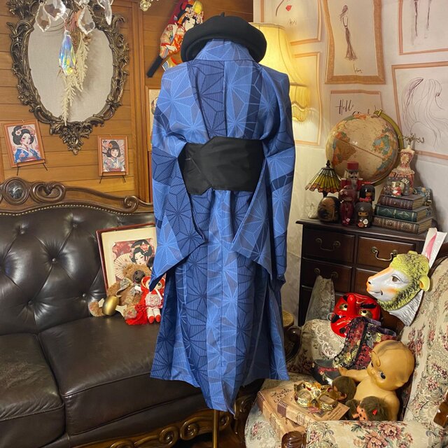 単衣着物リメイク セミロング ワンピース／ドレス／洗える化繊 帯 青系