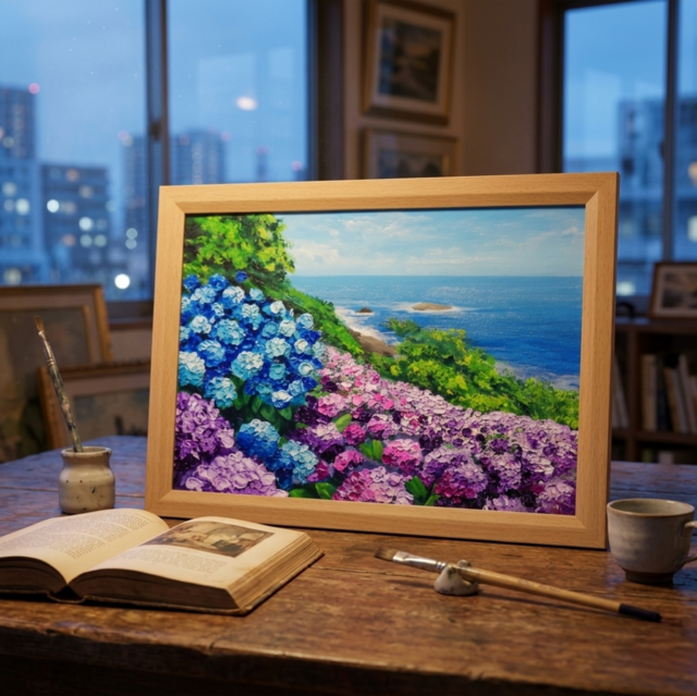 油絵 原画【初夏に目覚める日向の理想郷】紫陽花 あじさい 青い海 初夏