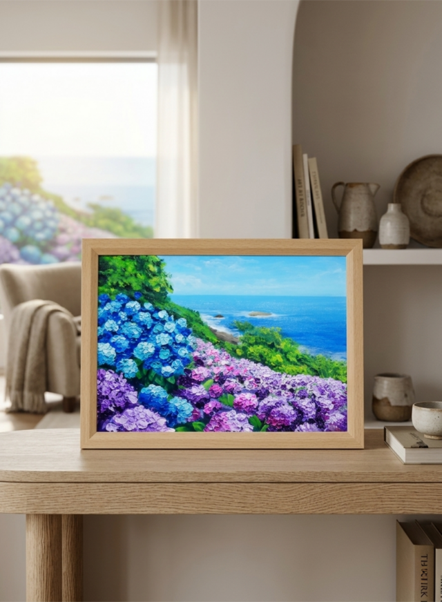 油絵 原画【初夏に目覚める日向の理想郷】紫陽花 あじさい 青い海 初夏