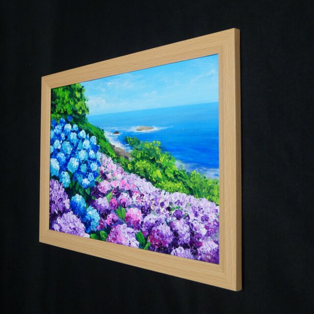 「海辺の蜜柑」　手描き　油絵　風景画　原画　油彩画 油絵 原画【初夏に目覚める日向の理想郷】紫陽花 あじさい 青い海 初夏
