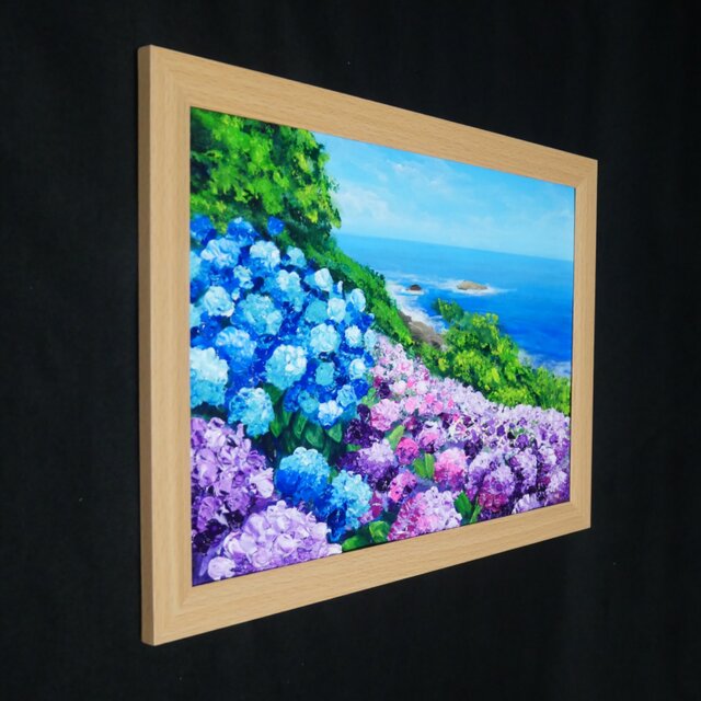油絵 原画【初夏に目覚める日向の理想郷】紫陽花 あじさい 青い海 初夏