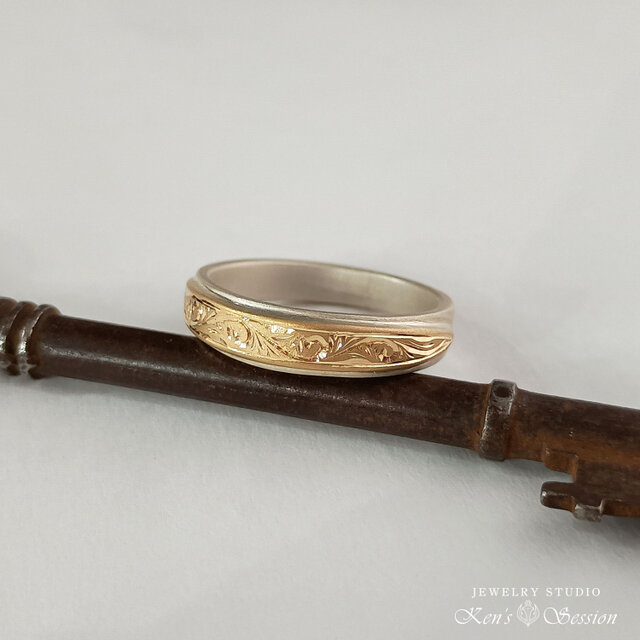 ヴィンテージ 18K 和彫り唐草模様リング 18金プレート手彫り唐草リング17.5号（K18,＆SV925）（kh-r-007-&k18