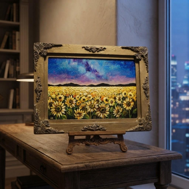 油彩原画「星降る夜のひまわり」 額装アート（A4サイズ） | iichi 日々