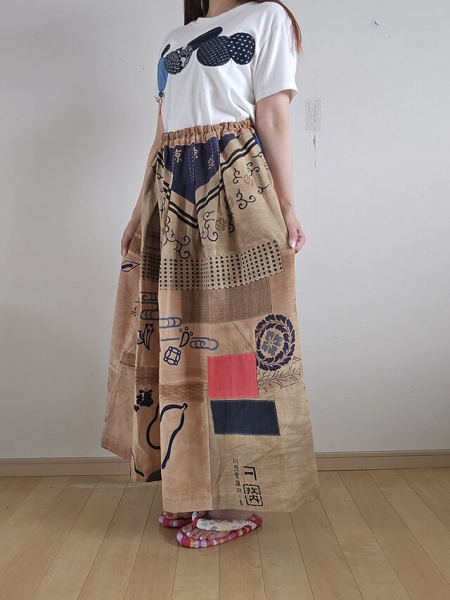 着物リメイク ハンドメイド 手ぬぐい 柿渋染め パッチワーク スカート