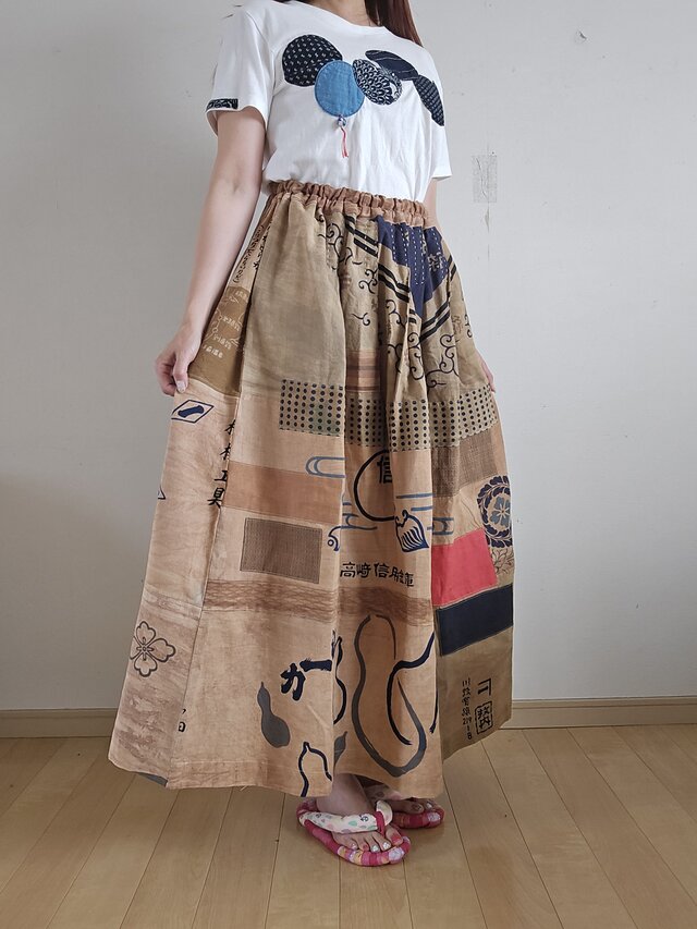 着物リメイク ハンドメイド 手ぬぐい 柿渋染め パッチワーク スカート
