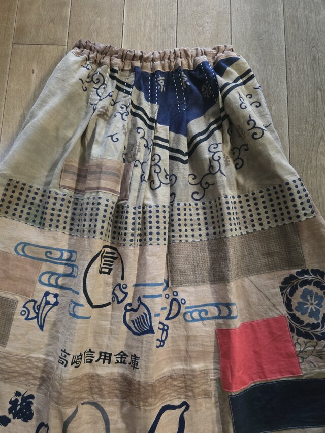 着物リメイク ハンドメイド 手ぬぐい 柿渋染め パッチワーク スカート