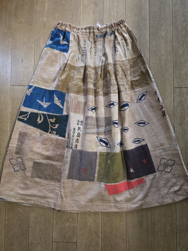 着物リメイク ハンドメイド 手ぬぐい 柿渋染め パッチワーク スカート