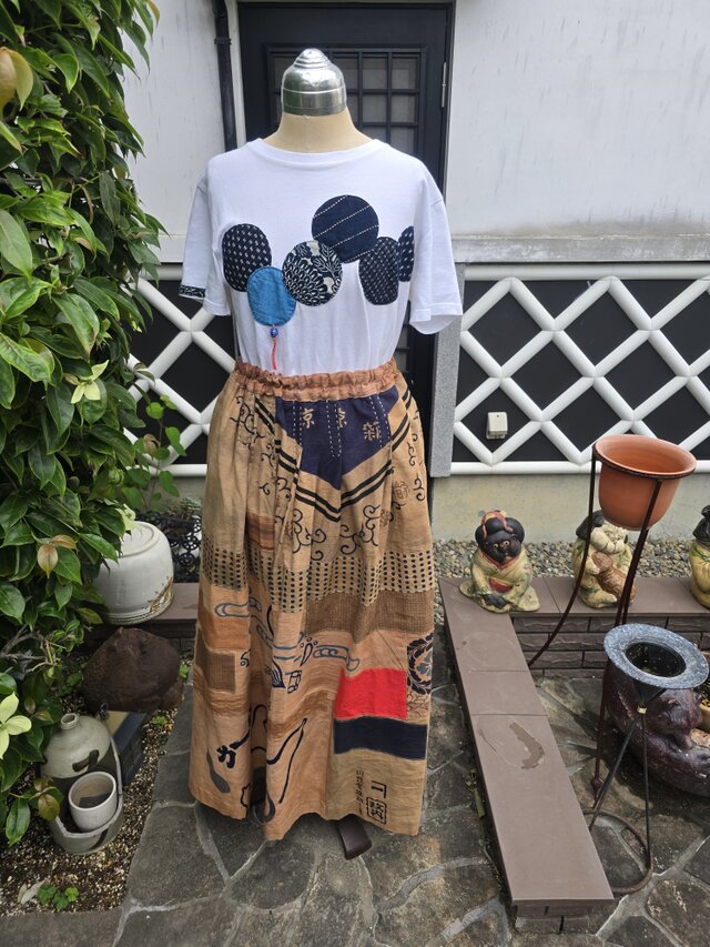 着物リメイク ハンドメイド 手ぬぐい 柿渋染め パッチワーク スカート