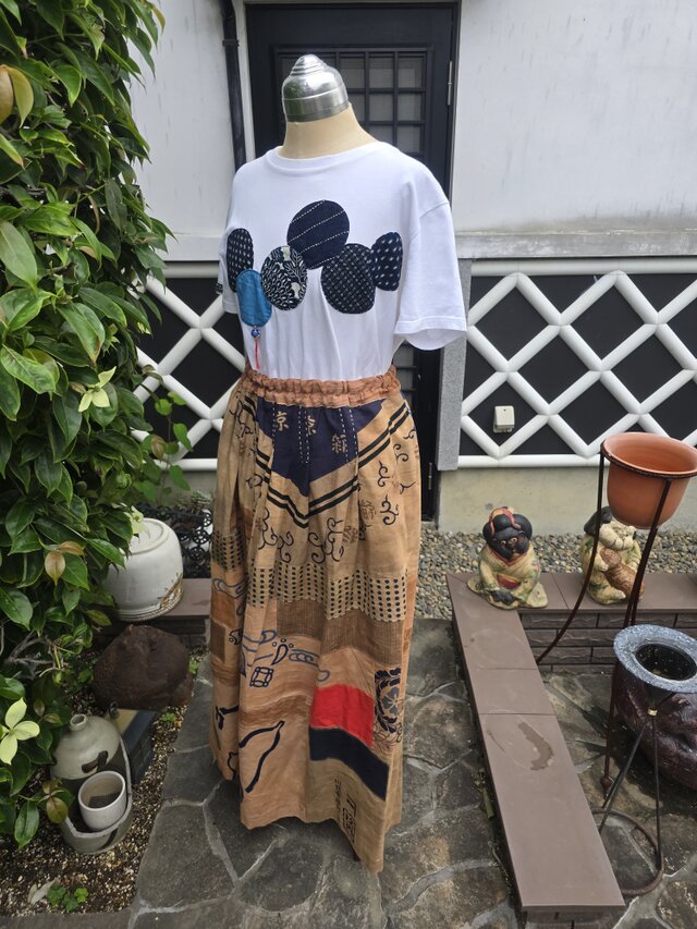 着物リメイク ハンドメイド 手ぬぐい 柿渋染め パッチワーク スカート