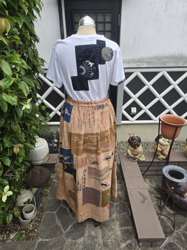 着物リメイク ハンドメイド 手ぬぐい 柿渋染め パッチワーク スカート