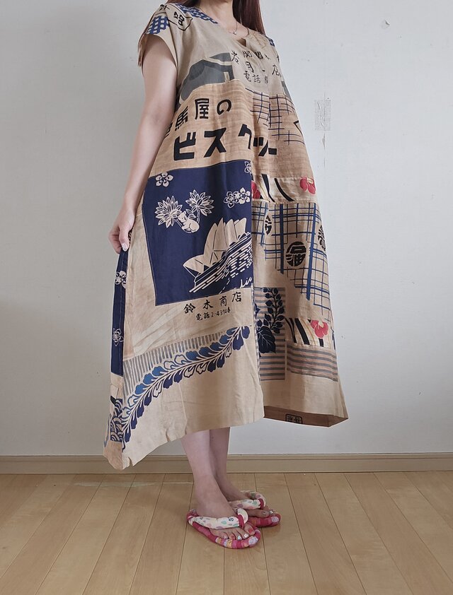 着物リメイク ハンドメイド 柿渋染め パッチワーク ワンピース | iichi