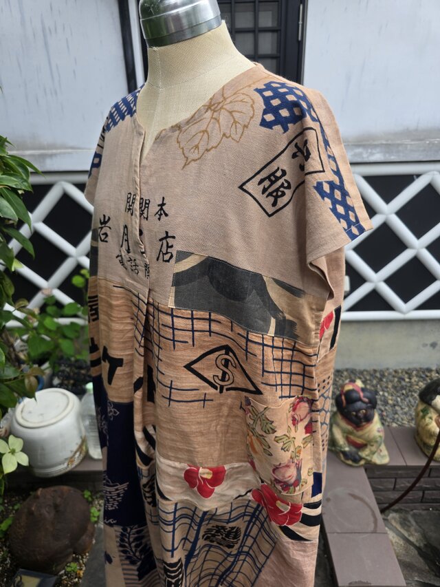 着物リメイク ハンドメイド 柿渋染め パッチワーク ワンピース | iichi