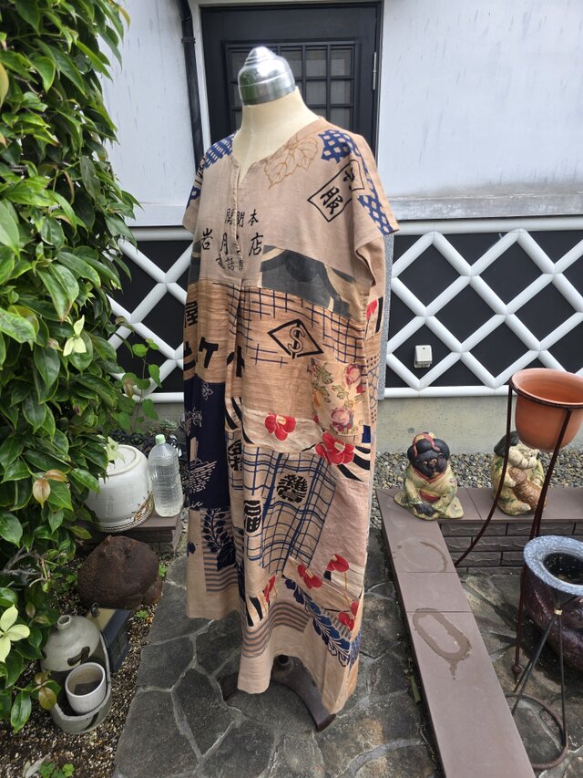 着物リメイク ハンドメイド 柿渋染め パッチワーク ワンピース | iichi