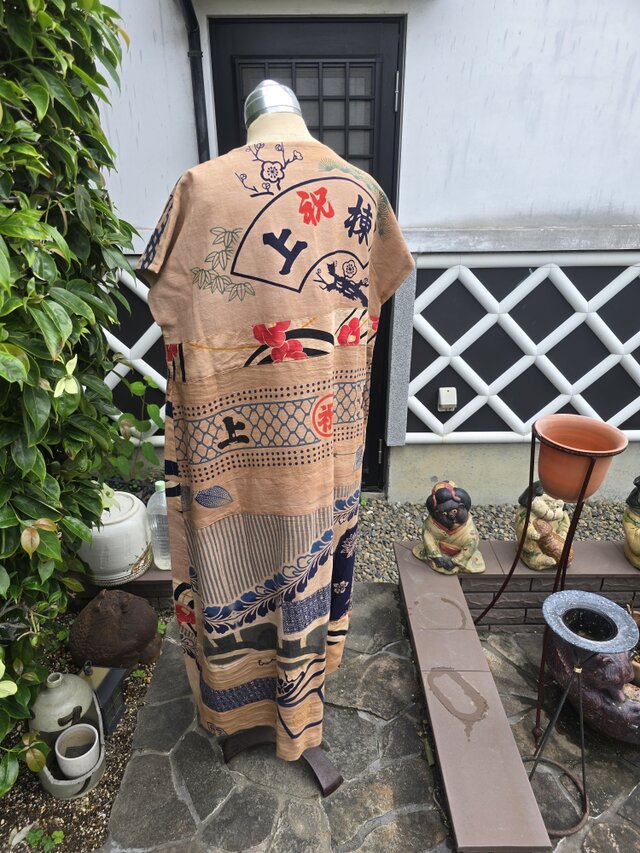 ポジャギ風　パッチワーク　着物リメイク 着物リメイク ハンドメイド 柿渋染め パッチワーク ワンピース | iichi