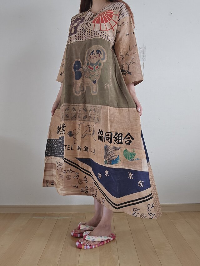 着物リメイク ハンドメイド 柿渋染め パッチワーク 長袖ワンピース