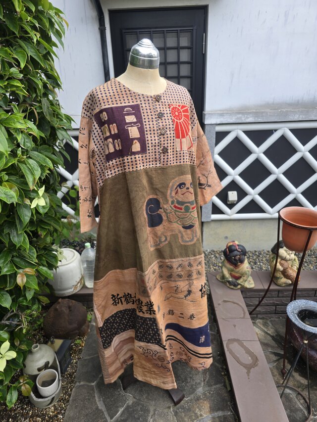 着物リメイク ハンドメイド 柿渋染め パッチワーク 長袖ワンピース