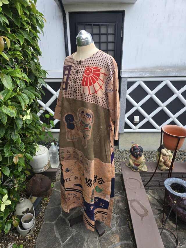 着物リメイク ハンドメイド 柿渋染め パッチワーク 長袖ワンピース