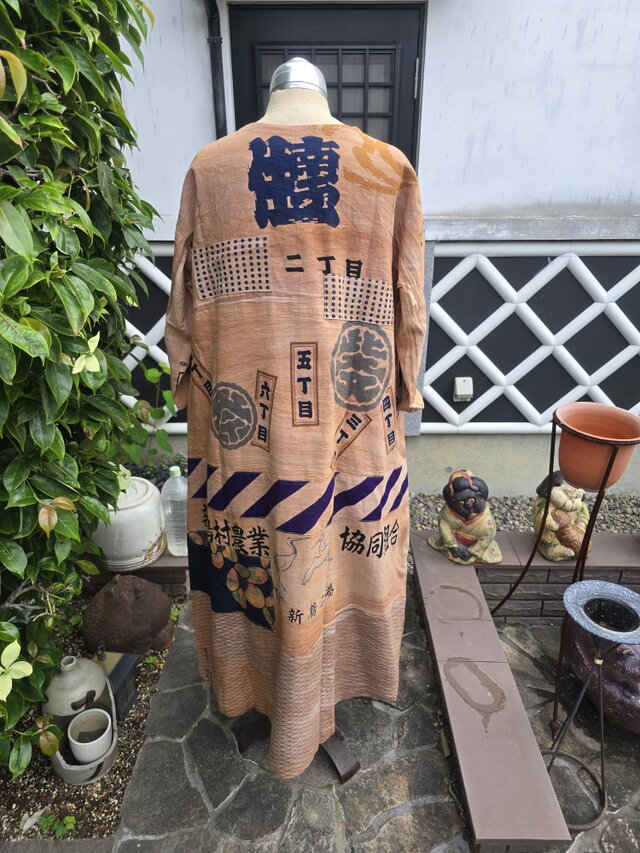 着物リメイク ハンドメイド 柿渋染め パッチワーク 長袖ワンピース