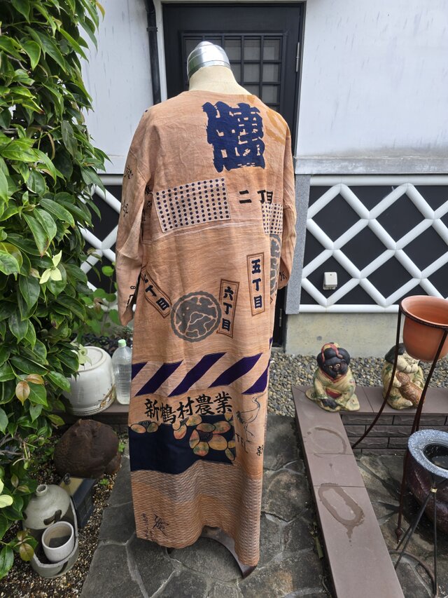 着物リメイク ハンドメイド 柿渋染め パッチワーク 長袖ワンピース