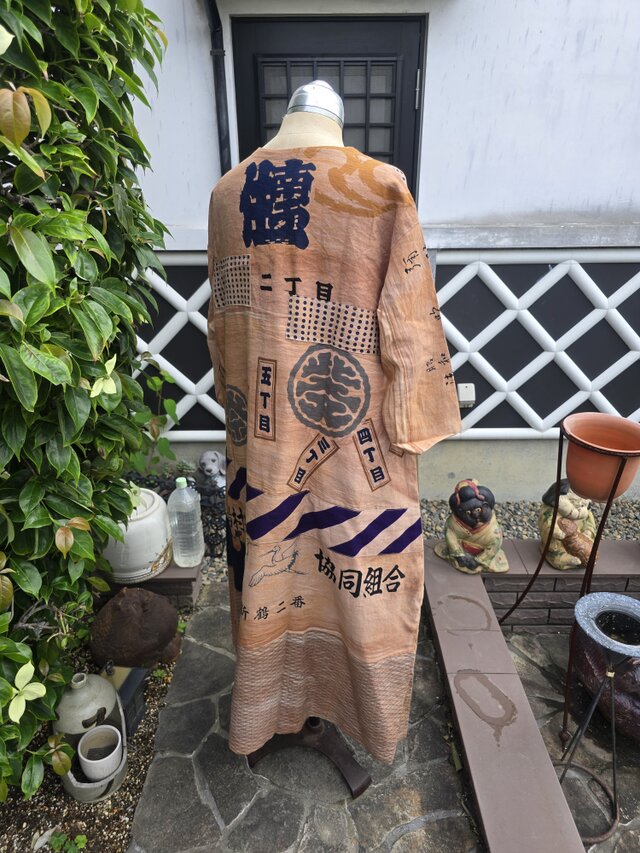 着物リメイク ハンドメイド 柿渋染め パッチワーク 長袖ワンピース