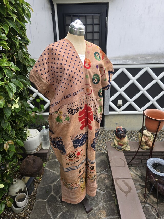 着物リメイク ハンドメイド 柿渋染め パッチワーク ワンピース | iichi