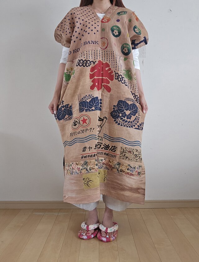 着物リメイク ハンドメイド 柿渋染め パッチワーク ワンピース | iichi
