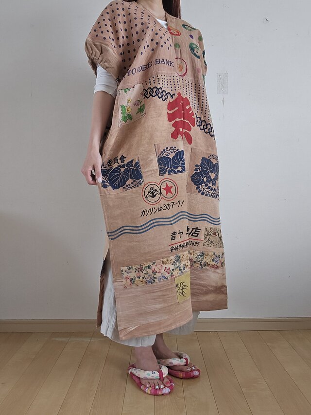 着物リメイク ハンドメイド 柿渋染め パッチワーク ワンピース | iichi