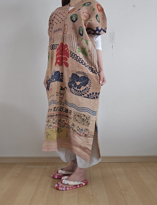 着物リメイク ハンドメイド 柿渋染め パッチワーク ワンピース | iichi