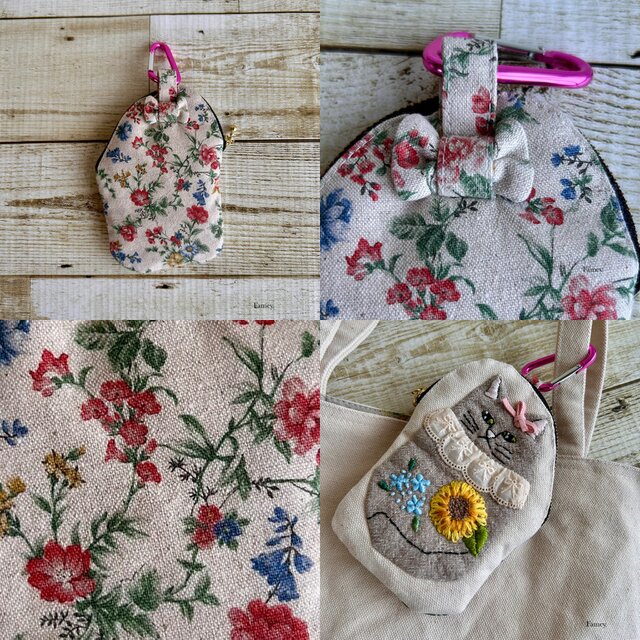手刺繍】大人かわいい手刺繍猫ちゃんと向日葵×ブルースターの小さめ