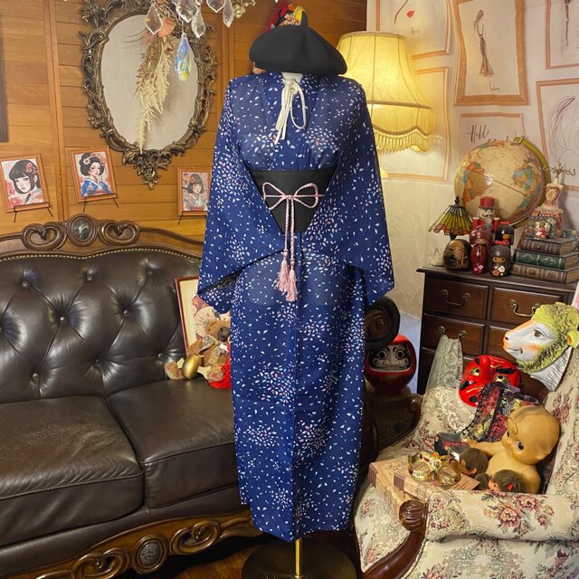 夏着物リメイク ロング ワンピース／ドレス／洗える化繊 帯サッシュ
