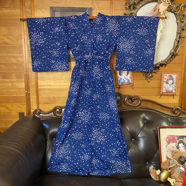 夏着物リメイク ロング ワンピース／ドレス／洗える化繊 帯サッシュ