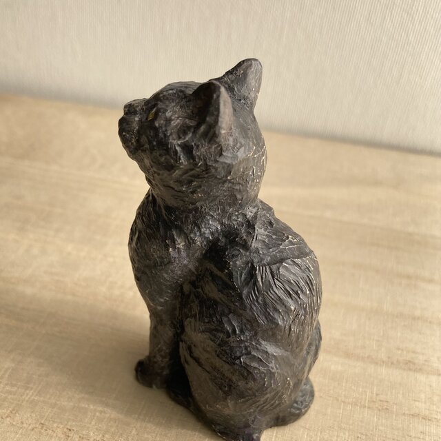 黒猫（小）3体 木彫り 置物 小鳥のお友達に会えて輝く小さな黒猫