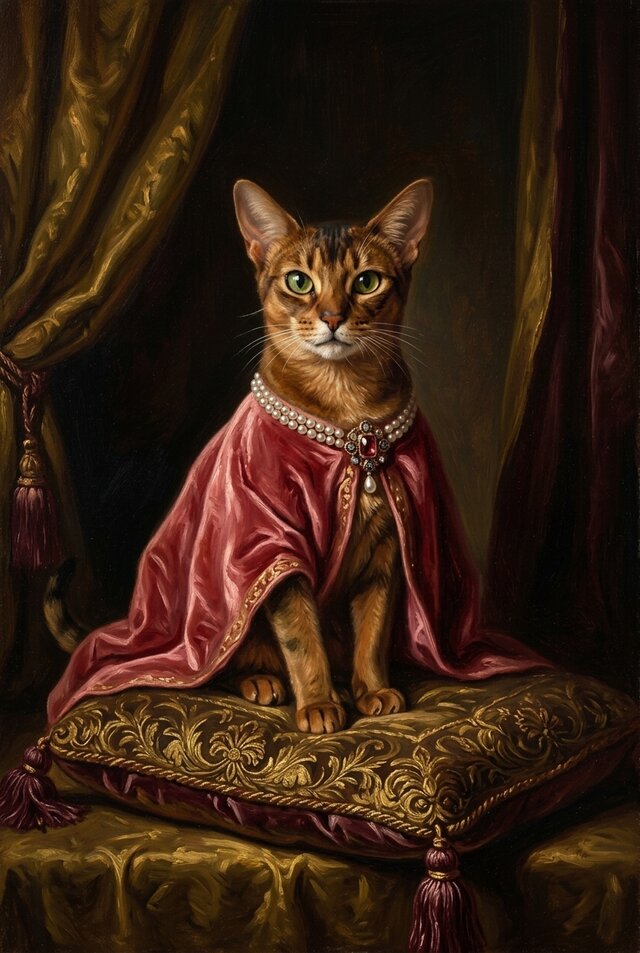 猫（アビシニアン）のルネサンス風肖像画 油絵風アートA4額装