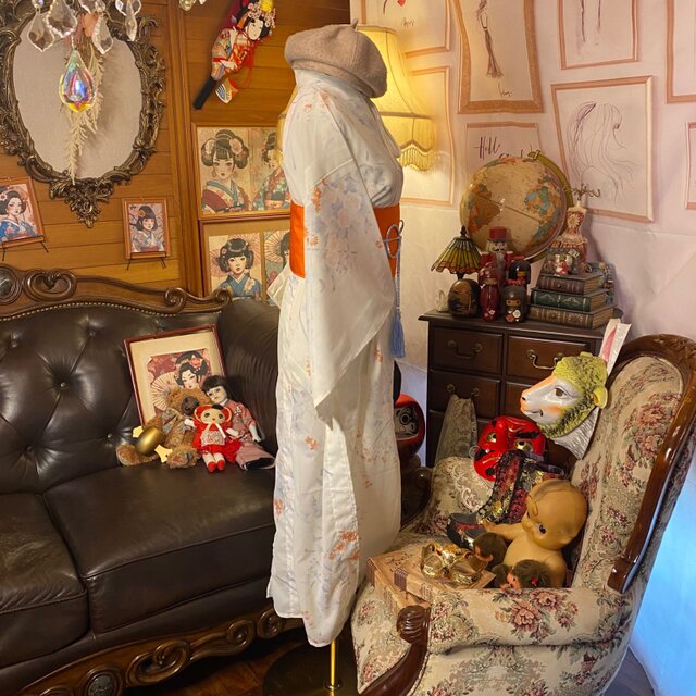 夏着物リメイク ロング ワンピース／ドレス／洗える化繊 帯サッシュ