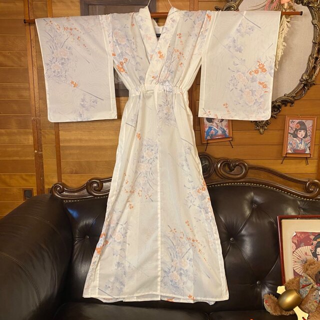 夏着物リメイク ロング ワンピース／ドレス／洗える化繊 帯サッシュ