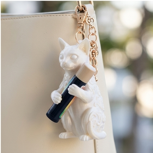 小物入れ　オブジェ 猫（オシキャット）の3Dプリント リップケース シルクホワイト