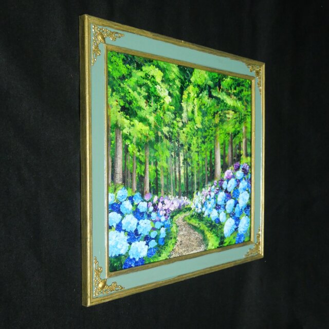 H .TANAKA「紫陽花」油彩 0号 高級ガラス額装 ささき画廊購入 静物画 油絵】森の奥に咲き誇る、万華鏡の紫陽花｜絵画 アジサイ 初夏 梅雨