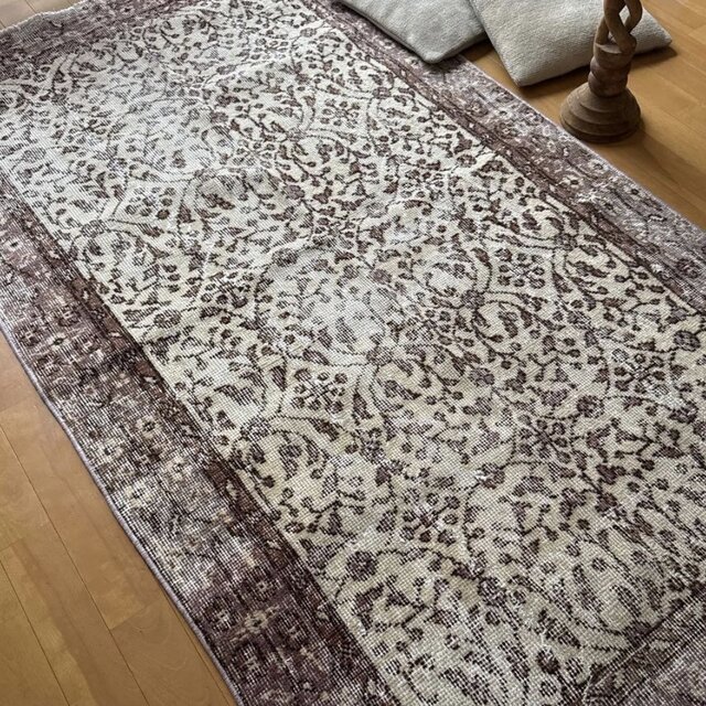 102×185 クリーム×くすみラベンダー ボタニカル トルコヴィンテージ