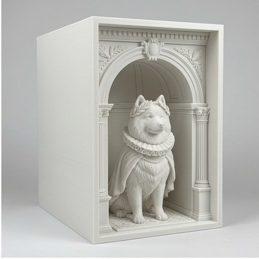 犬（サモエド）の3Dプリント ブックヌーク 白PLA 本棚インテリア
