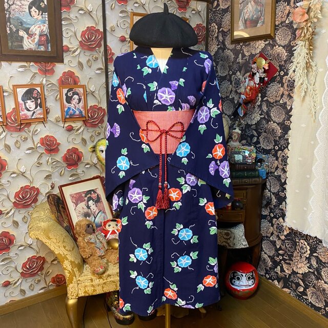 浴衣リメイク ワンピース ドレス 帯サッシュベルト付 和洋折衷 レトロ