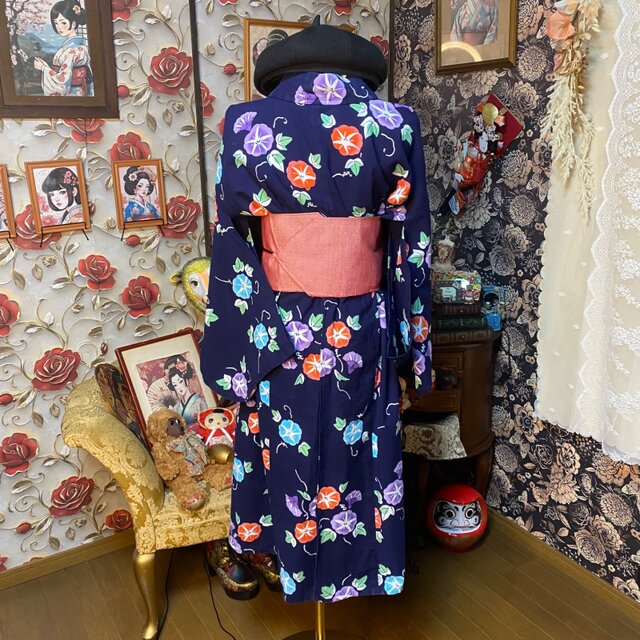 浴衣リメイク ワンピース ドレス 帯サッシュベルト付 和洋折衷 レトロ