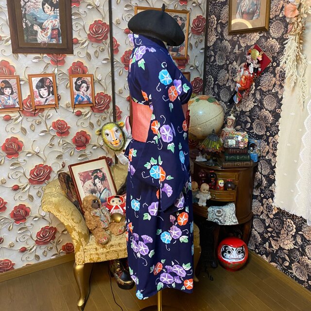浴衣リメイク ワンピース ドレス 帯サッシュベルト付 和洋折衷 レトロ