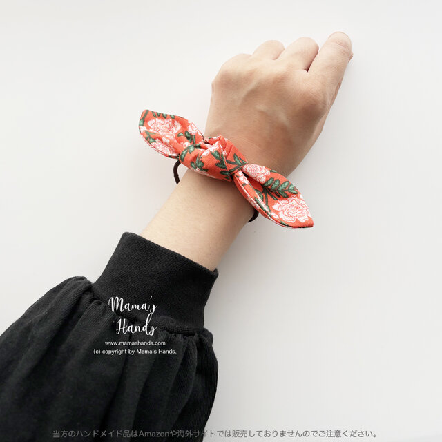 レトロ 可愛い 赤オレンジ 花柄》ビンテージ スタイル リボン ヘアゴム