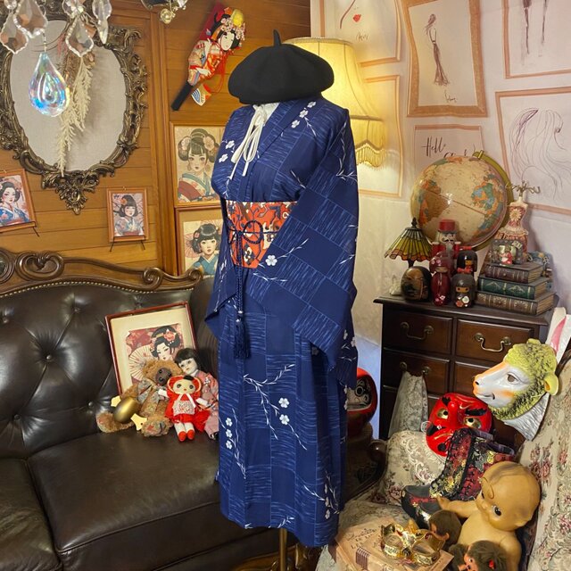 夏着物リメイク ワンピース／ドレス／洗える化繊 帯サッシュベルト