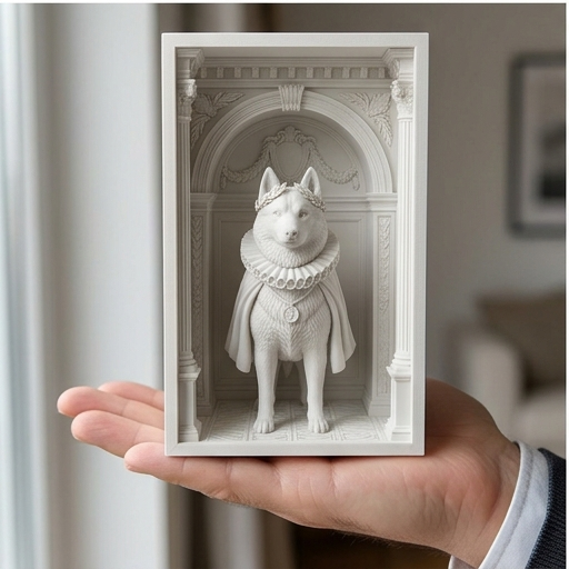 犬（シベリアンハスキー）の3Dプリント ブックヌーク 白PLA 本棚
