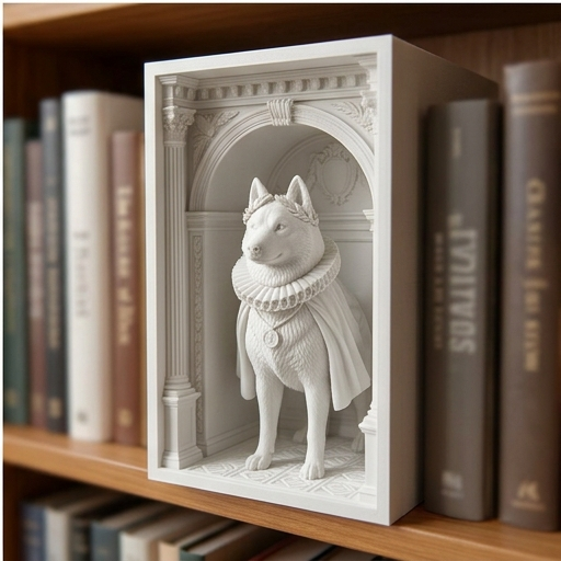 犬モチーフ 絵本棚 ブックシェルフ 木製 ハンドメイド アンティーク調 北欧風 犬（シベリアンハスキー）の3Dプリント ブックヌーク 白PLA 本棚